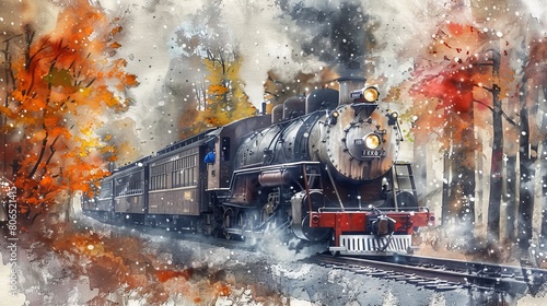 Artistic watercolor depicting an old steam engine emerging from a misty forest, the fall colors muted and ethereal in the morning light