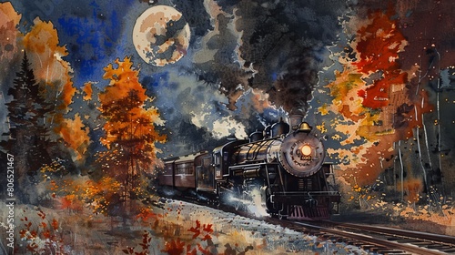 Artistic watercolor featuring a train on a railroad  surrounded by fall leaves under the glow of a full moon  capturing a serene night journey