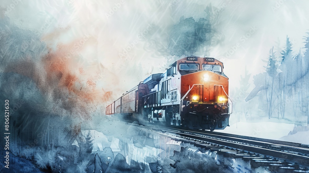 Dynamic watercolor of a diesel train emerging from a foggy winter morning, the icy mist and steel tracks creating a mysterious atmosphere Dynamic watercolor of a diesel train emerging from a foggy winter morning, the icy mist and steel tracks creating a mysterious atmosphere