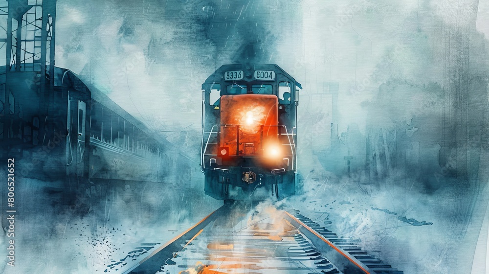 Dynamic watercolor of a diesel train emerging from a foggy winter morning, the icy mist and steel tracks creating a mysterious atmosphere Dynamic watercolor of a diesel train emerging from a foggy winter morning, the icy mist and steel tracks creating a mysterious atmosphere