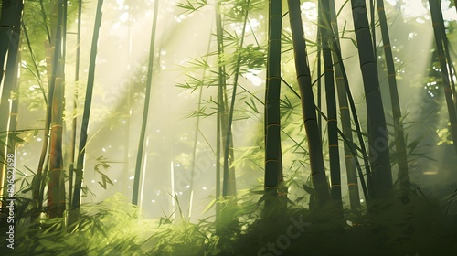 Mysterious forest with sunbeams and fog in the morning
