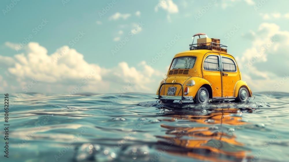 Fototapeta premium A yellow car on water.