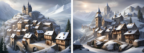 Medieval village with historical buildings in a beautiful winter mountain landscape - Illustrations - generative AI