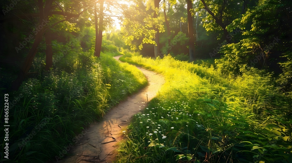 Fototapeta premium A winding trail through lush greenery bathed in morning sunlight. . 