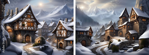 Medieval village with historical buildings in a beautiful winter mountain landscape - Illustrations - generative AI
