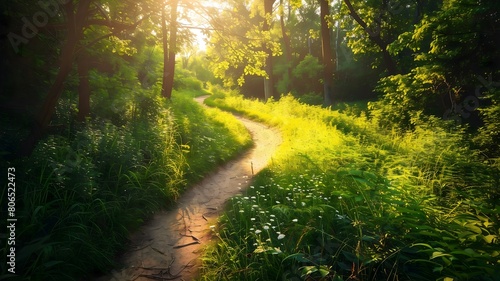  A winding trail through lush greenery bathed in morning sunlight. . 