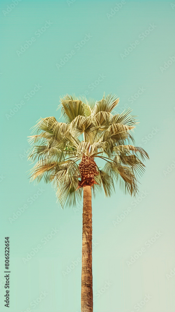This minimalist composition features a single palm tree standing against a clear sky background, captured in a flat lay perspective. The image evokes a vintage vibe with a subtle color filter effect This minimalist composition features a single palm tree standing against a clear sky background, captured in a flat lay perspective. The image evokes a vintage vibe with a subtle color filter effect