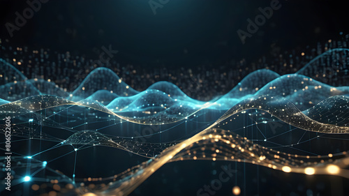 Big Data concept. Blockchain 3D illustration. Information Waves and the Global Database. Neural networks and artificial intelligence. Abstract technological background photo