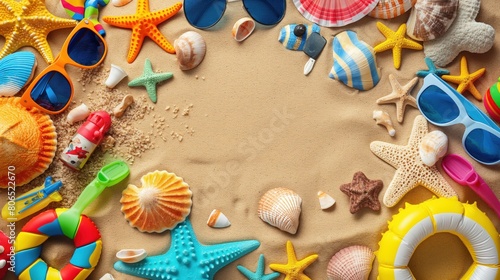 Fundo fotográfico de verão, apresentando uma bela praia com areia e uma variedade de acessórios de verão, ideal para ser usado como arte de design e publicidade durante a temporada.