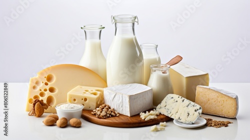 A photorealistic photo featuring various types of milk and cheese on a white background