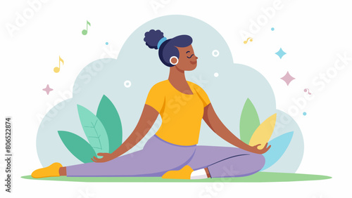 Unwinding with some calming music while doing light stretching to help ease tension and promote healing.. Vector illustration