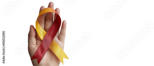 A horizontal view of woman hand holding ribbon concept of world hepatitis day isolated on a plain background or PNG for food type poster or graphic use, Generative AI.