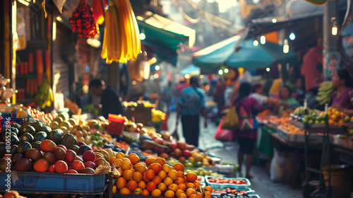 bustling street market in a vibrant city, with colorful stalls selling exotic fruits, local crafts, and aromatic street food, immersing visitors in the vibrant energy and cultural diversity  photo