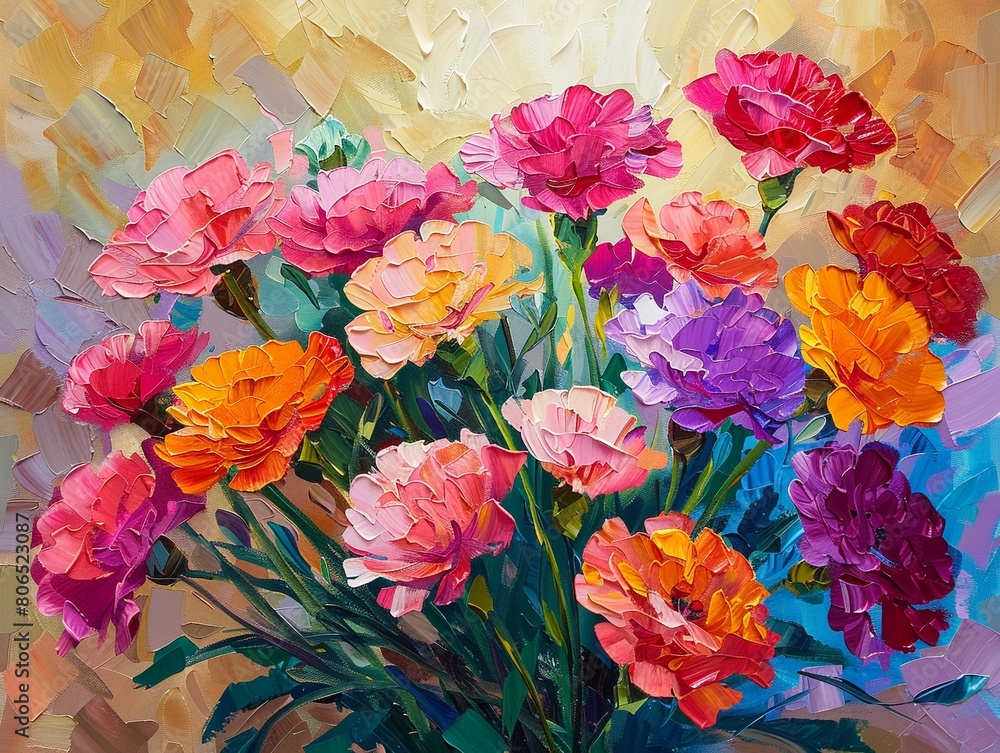 Palette knife oil painting of carnations for Mothers Day, vibrant background with dramatic lighting and vivid color highlights Palette knife oil painting of carnations for Mothers Day, vibrant background with dramatic lighting and vivid color highlights