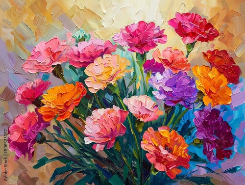 Palette knife oil painting of carnations for Mothers Day  vibrant background with dramatic lighting and vivid color highlights