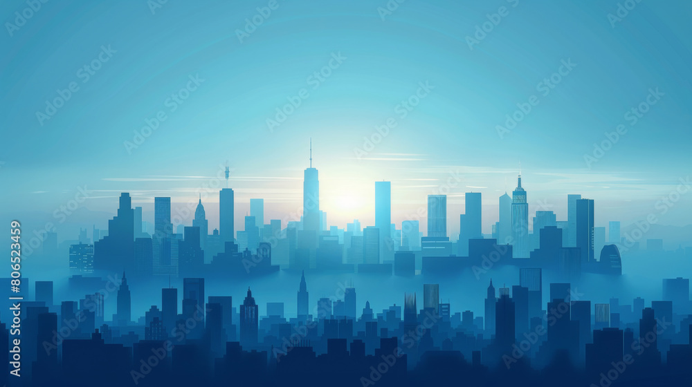 A panoramic view of a modern city skyline enveloped in a serene blue haze during early morning, evoking a peaceful urban landscape.