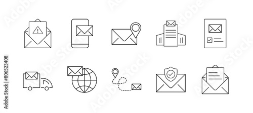 Set of postal service outline icons with Editable stroke. postal service, delivery, mail, post, envelope, shipping, parcel, courier, postage, letter, transport, truck, stamp, sorting, route, mailman,
