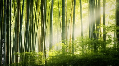 Bamboo forest with sunlight in the morning. Panoramic image.