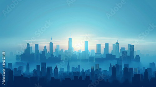 A panoramic view of a modern city skyline enveloped in a serene blue haze during early morning  evoking a peaceful urban landscape.