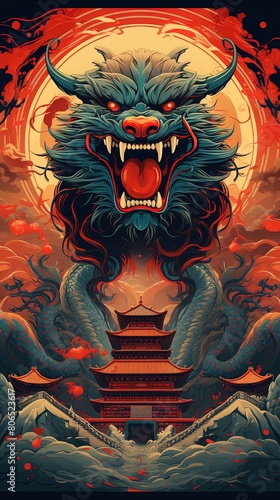 Poster of a Chinese dragon with ornamental oriental architecture