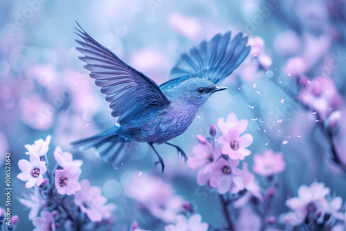 A purple bird flying away from twigs in the wild, wildlife template photo