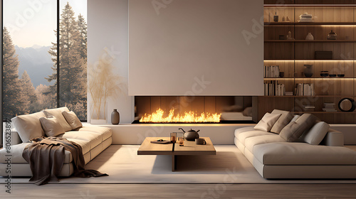 Modern minimalist living room with a bioethanol fireplace, low-profile furniture, and a neutral palette, photo