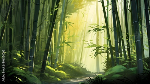 Bamboo forest in the morning with sunbeams - panorama