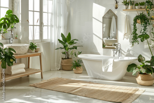 A bright bathroom with white walls  large windows on the left side and an elegant freestanding bathtub in front.