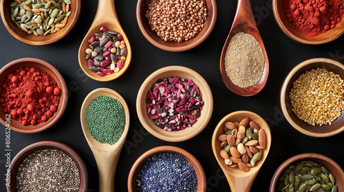 Assorted Bowls and Spoons Filled with Nutritious Superfoods