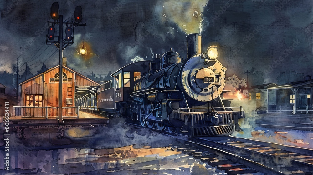 Watercolor illustration of a train moving past a small town with fall decorations, leaves swirling around as it passes, capturing the essence of the season