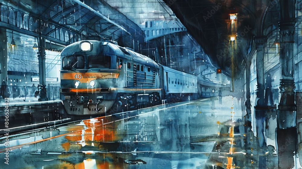 Watercolor illustration of a historic diesel train pulling into a rainy station, the reflections on the wet platform adding depth and mood