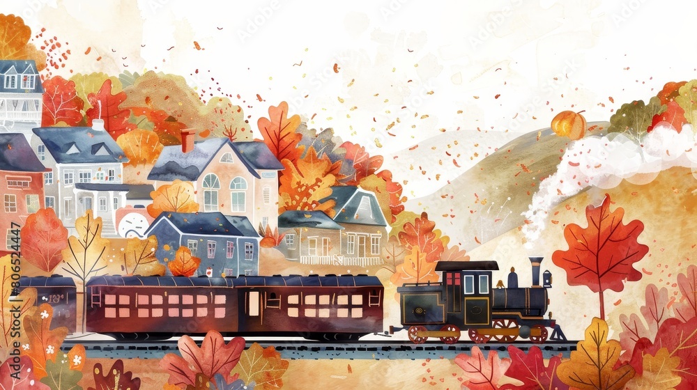 Obraz premium Watercolor illustration of a steam engine at a quiet rural depot, the soft night lighting casting long shadows across the old tracks