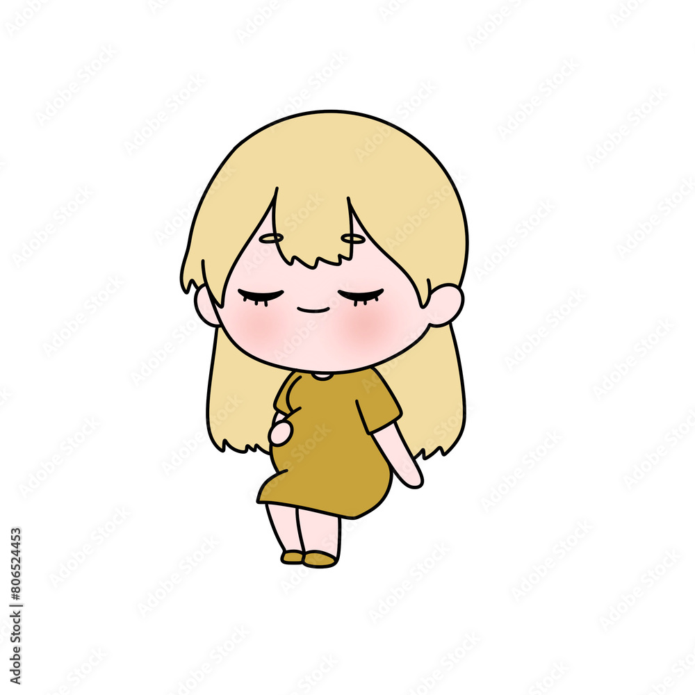 A cartoonish drawing of a woman in a yellow dress with a baby bump