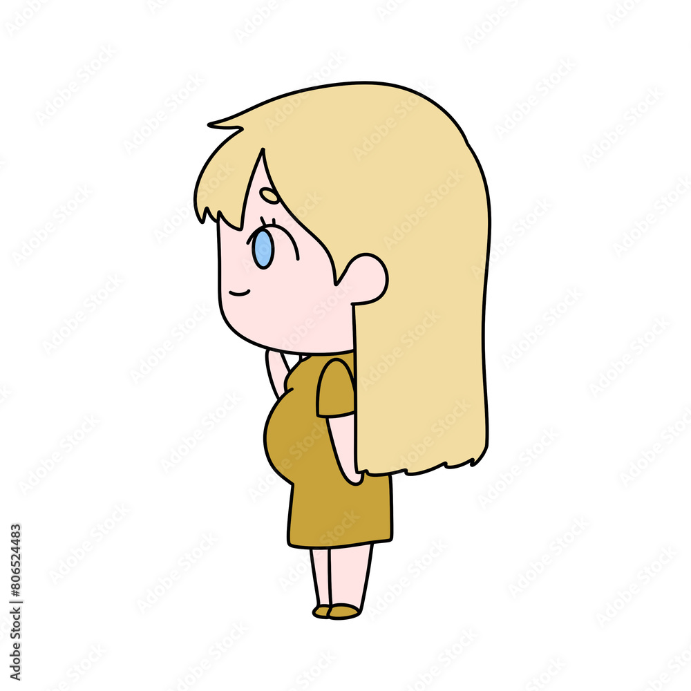 A cartoon girl with a baby bump is standing in front of a white background A cartoon girl with a baby bump is standing in front of a white background