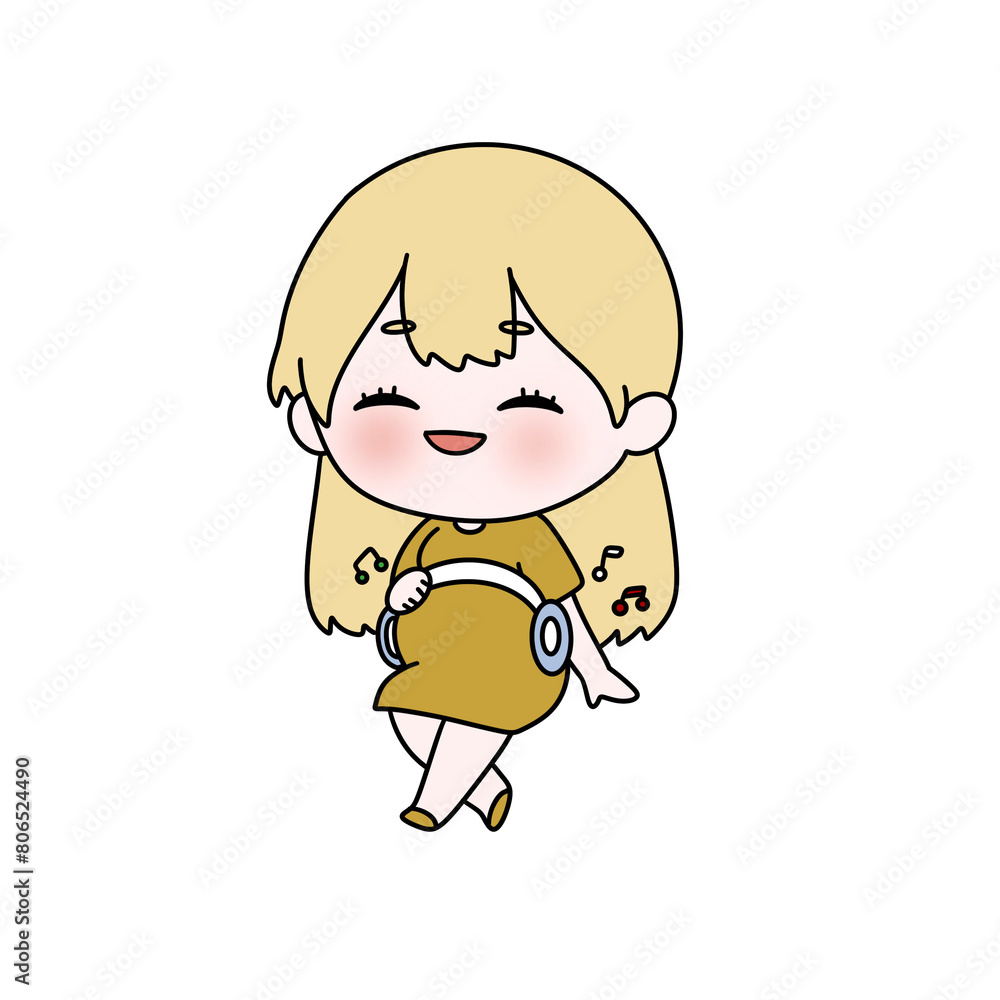 A cartoon girl is wearing headphones and smiling A cartoon girl is wearing headphones and smiling