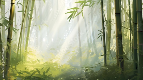 Bamboo forest in the morning mist. Panoramic image.
