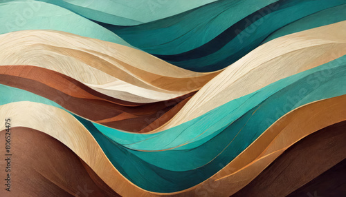 Abstract colorful wavy fabric shapes, textures in light green, blue, navy blue, turquoise, dark turquoise, chocolate brown and beige colors. Colored clothes tissues design art background or wallpaper.