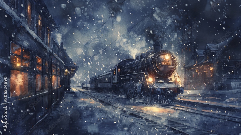Moody watercolor illustration of a steam train idling at a station during a heavy snowfall at night, the glow of the train lights diffusing softly Moody watercolor illustration of a steam train idling at a station during a heavy snowfall at night, the glow of the train lights diffusing softly