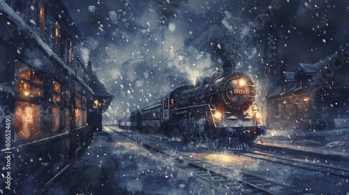 Moody watercolor illustration of a steam train idling at a station during a heavy snowfall at night, the glow of the train lights diffusing softly photo