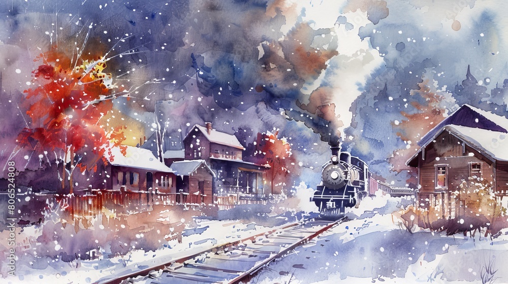 Vibrant watercolor of a diesel train speeding past a frozen lake, the reflection in the ice adding depth and intrigue to the winter journey Vibrant watercolor of a diesel train speeding past a frozen lake, the reflection in the ice adding depth and intrigue to the winter journey