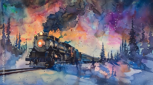Vibrant watercolor of a steam train at sunset  the sky and autumn leaves sharing shades of orange and red  enhancing the train s journey through the season