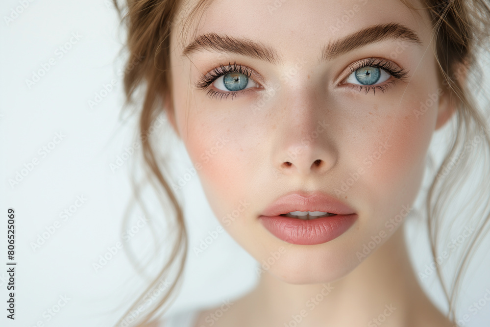 a beautiful woman with pure and clear skin that indicates softness and beauty, white background a beautiful woman with pure and clear skin that indicates softness and beauty, white background
