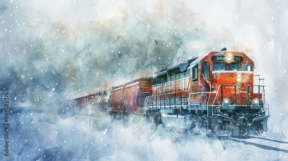 Watercolor illustration of a diesel train passing over a bridge, fall colors reflected in the river below under a moonlit night sky Watercolor illustration of a diesel train passing over a bridge, fall colors reflected in the river below under a moonlit night sky