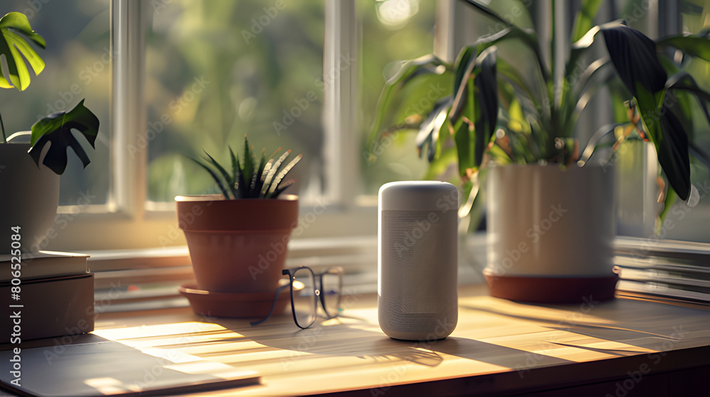 Fototapeta premium Smart speaker on a sunny window sill surrounded by houseplants and books, creating a peaceful indoor environment