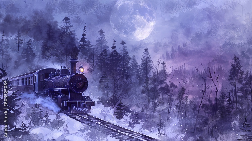 Watercolor illustration of a diesel train passing over a bridge, fall colors reflected in the river below under a moonlit night sky Watercolor illustration of a diesel train passing over a bridge, fall colors reflected in the river below under a moonlit night sky