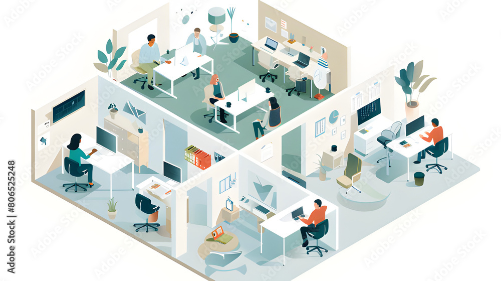 Isometric view of a segmented office space with multiple professionals working in individualized and plant-filled sections Isometric view of a segmented office space with multiple professionals working in individualized and plant-filled sections