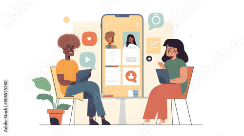 Modern office illustration featuring two professionals interacting over a large smartphone interface  emphasizing collaboration and digital connectivity