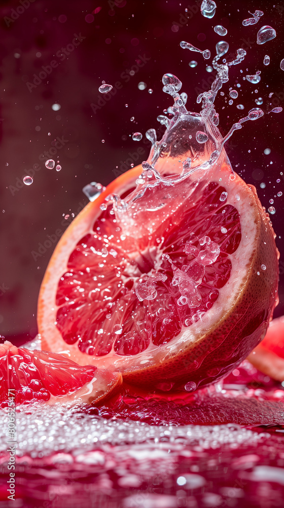 This captivating image captures the dynamic moment of vibrant pink water splashing onto a juicy grapefruit slice, creating a stunning visual contrast against a bold maroon background. The splash freez This captivating image captures the dynamic moment of vibrant pink water splashing onto a juicy grapefruit slice, creating a stunning visual contrast against a bold maroon background. The splash freez