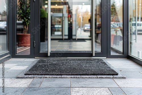 threshold made of gray ceramic tiles at entrance to store with a rubber foot mat and open glass door with metal handle at office building close-up front view, nobody photo