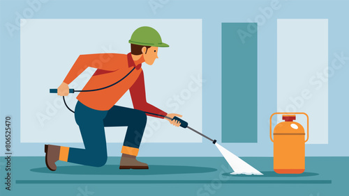 A worker using a specialized sprayer to evenly coat the foundation with a liquid waterproofing agent protecting it from moisture and potential. Vector illustration